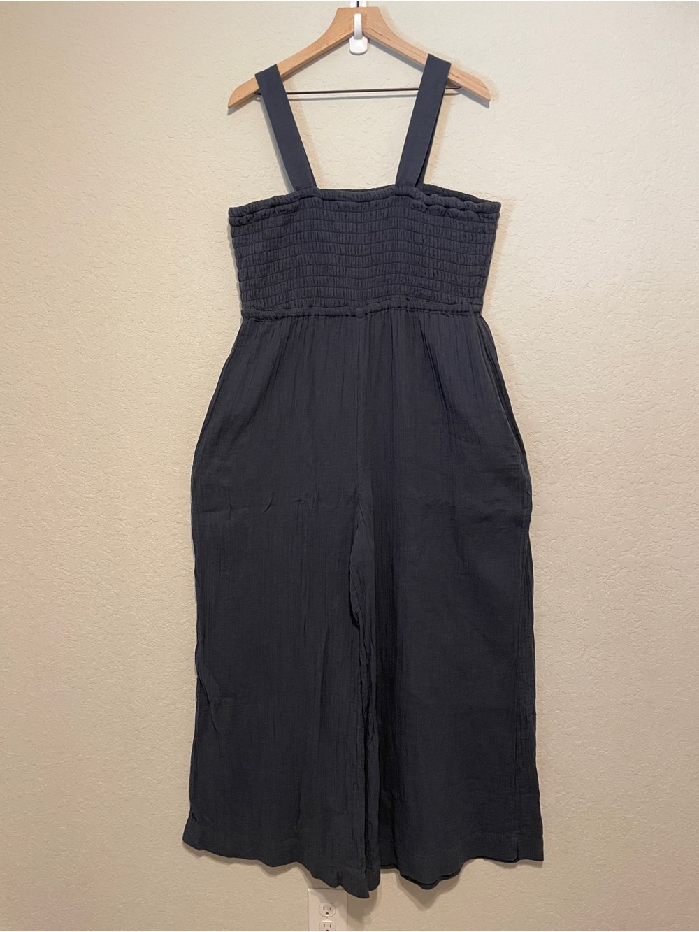 Quince Navy Wide-Leg Smocked Jumpsuit - Picture 3 of 4